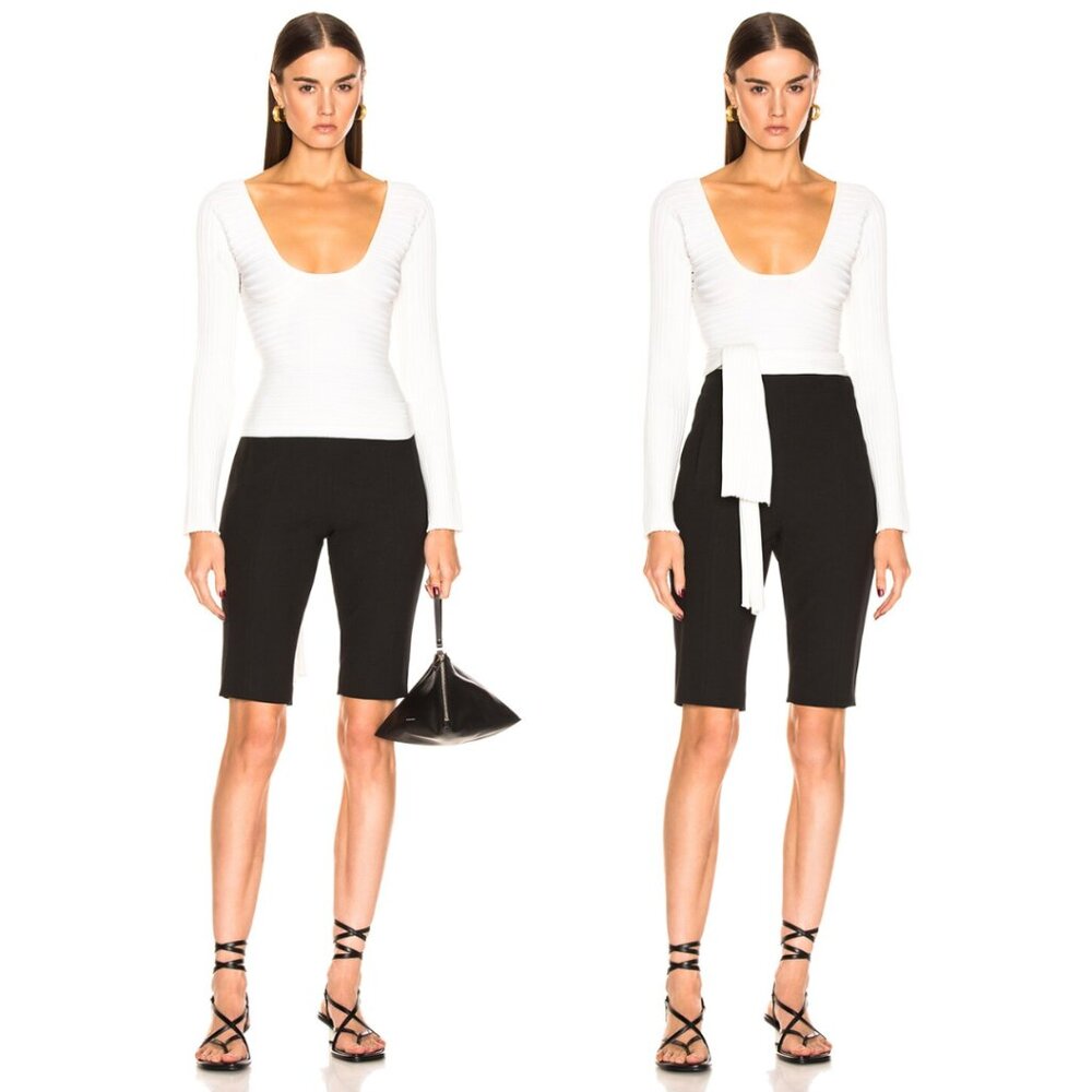 Tibi Decollete Rib Knit Wrap Sweater Long Sleeves Open Back Cut-out White Sz XS